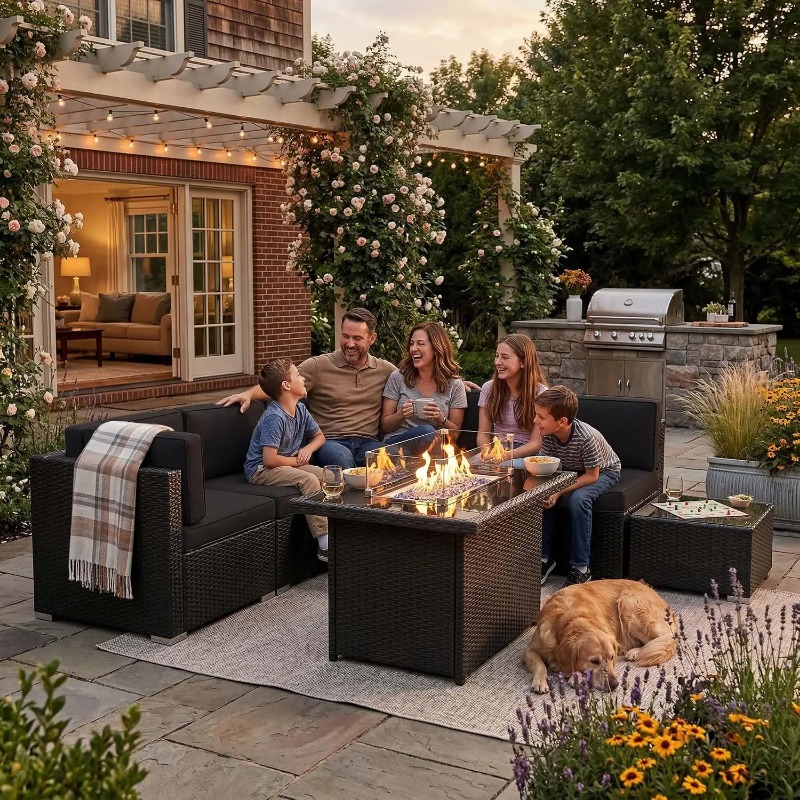 Outdoor Furniture With Fire Pit - Set Divano Sezionale in Vimini da